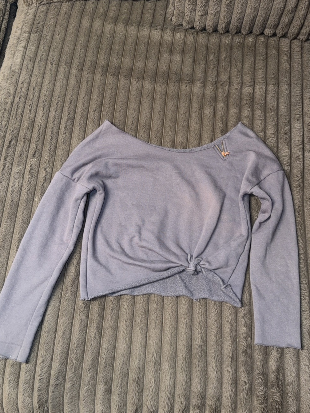 Gray Off Shoulder Cropped Sweatshirt Zip Detail